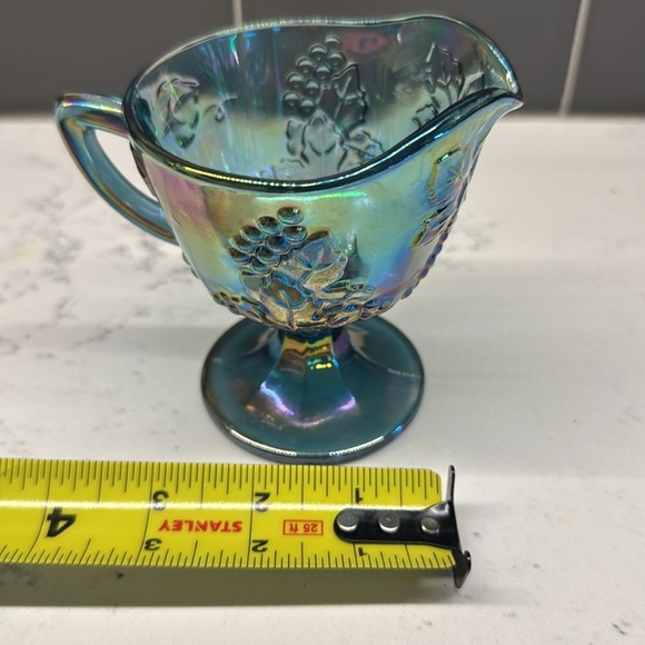 Vtg, Indiana Blue Carnival Glass Pedestal Creamer Harvest Grapes Iradescent - Picture 8 of 8
